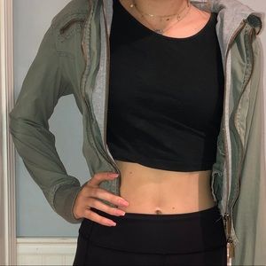 dual-layer jacket - gray hoodie and green jacket